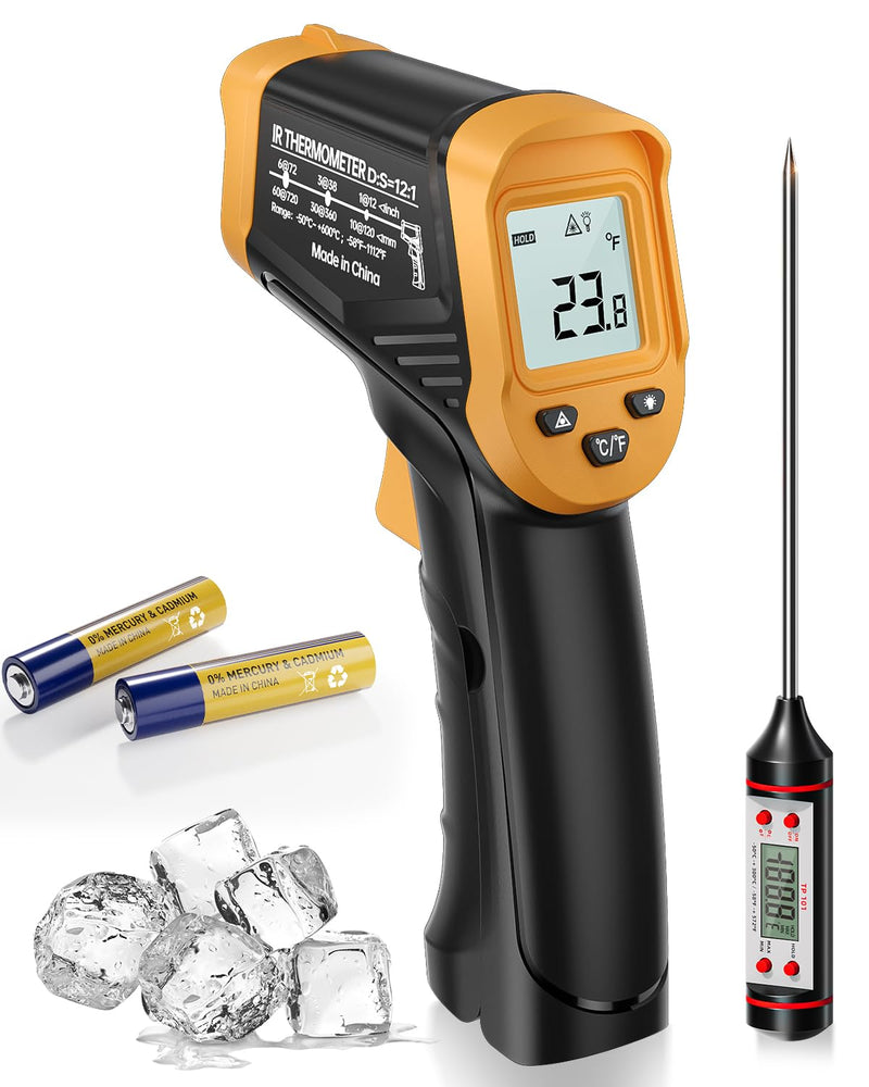 [Australia - AusPower] - Infrared Thermometer, Small IR Temperature Meter -50°C - 600°C (-58°F-1112°F), Non-Contact Digital Laser Thermometer with Meat Thermometer, Non-Medical, for Cooking/Barbecue/Freezer 600°C version with meat thermometer 