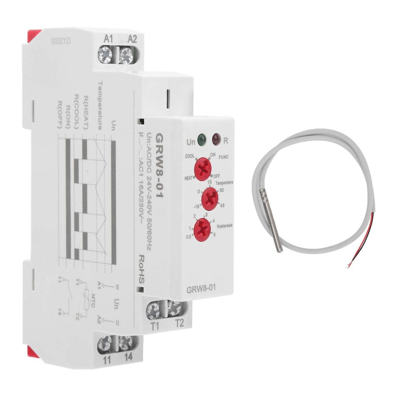 [Australia - AusPower] - BuyWeek Temperature Control Relay, Temperature Monitoring AC/DC 24 V-240 V, 1.4 Inch Rail Installation, Digital Thermostat with Probe L-N, High/Low Temperature, LED Display -15 ℃ ~ 45 ℃ (GRW8-01) 
