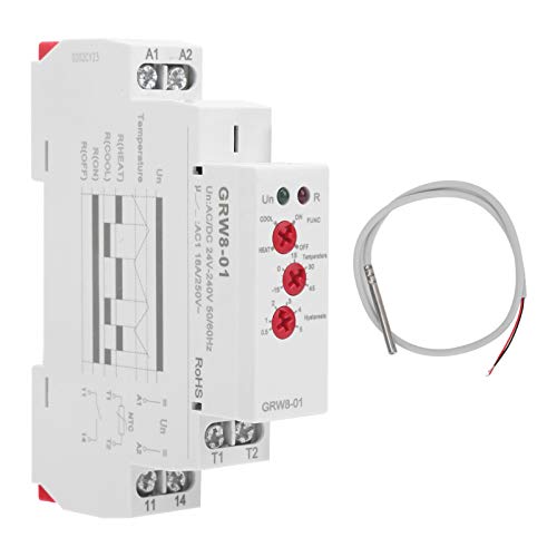 BuyWeek Temperature Control Relay, AC/DC 24 V-240 V Temperature Controller Relay 35 mm Rail Installation Thermostat Relay with Probe, LED Display High/Low Temperature Monitoring (GRW8-01)