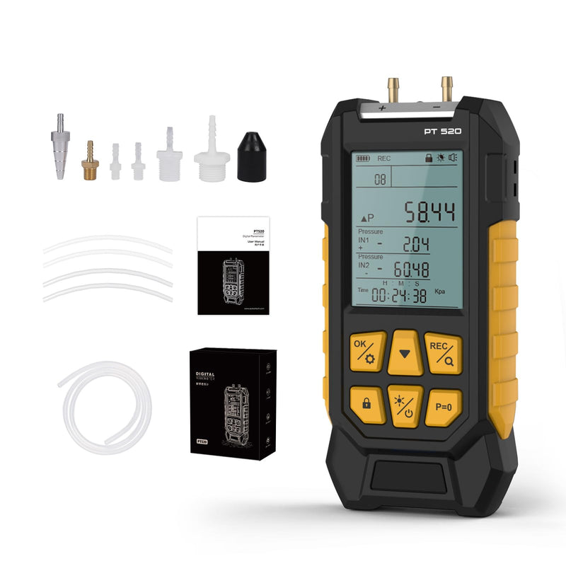 [Australia - AusPower] - PT520 Digital Pressure Gauge Air Pressure Gauge -100-200 KPa 0.1 Resolution Air Pressure 10 Units Differential Dual Port HVAC Digital Pressure Gauge Gas Pressure Gauge with Backlit LCD Display 