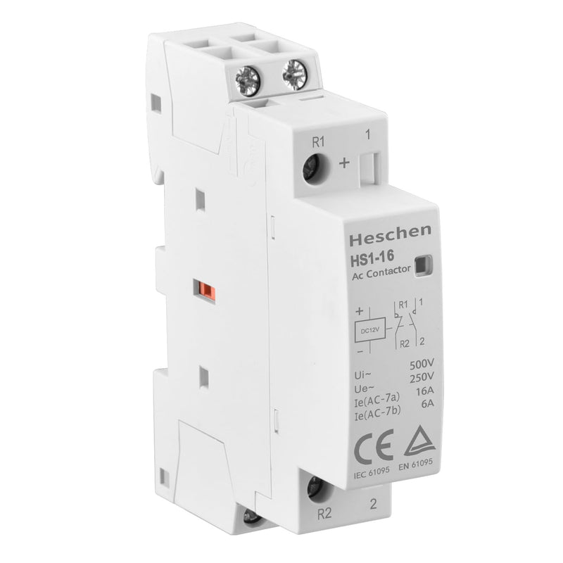 Heschen Household AC Contactor, HS1-16, Ie 16A, 2-Pole, 1NO 1NC, DC 12V Coil Voltage, 35mm DIN Rail Mounting DC12V 1NO 1NC 2P