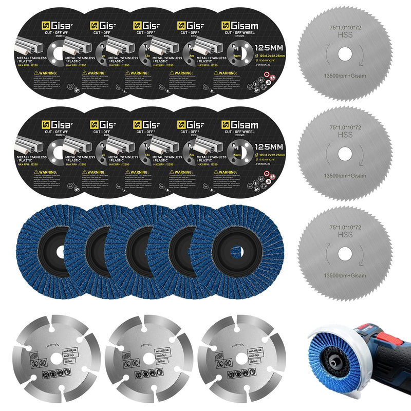 [Australia - AusPower] - Gisam 75 mm Professional Cutting Discs & Flap Discs, Bore Diameter 10 mm, Accessory Set for Diameter 76 mm Mini Battery Angle Grinder (1-75 mm, 21 Pieces) 1-75 mm, 21 pieces 