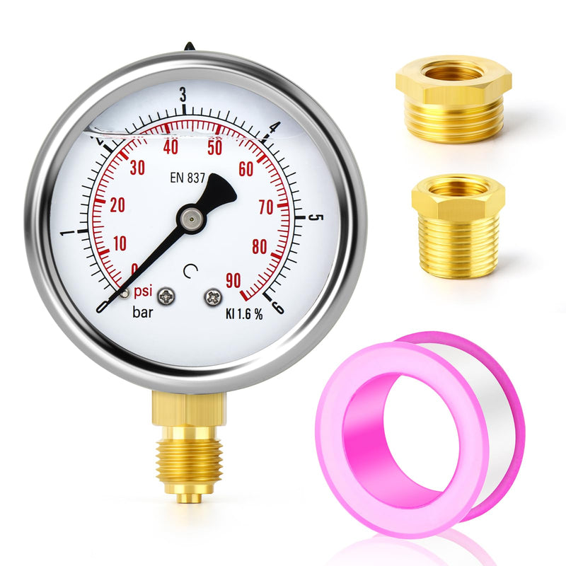 [Australia - AusPower] - ERGAOBOY 0-6 Bar (0-90 Psi) Stainless Steel 1/4 Inch BSP 2.5 Inch Dial Liquid Pressure Gauge, with Brass Adapter, Bottom Mounting 0-6 Bar(1/4" Flüssig füllen) Lower Mount 