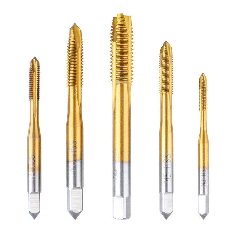 [Australia - AusPower] - Treki 5 Piece Professional Tap Bit Set M3 M4 M5 M6 M8 HSS Titanium Tap Bit Set, Metric Thread Cutting Tap Finishing Tap Machine Tap Bit for Cutting Thread 