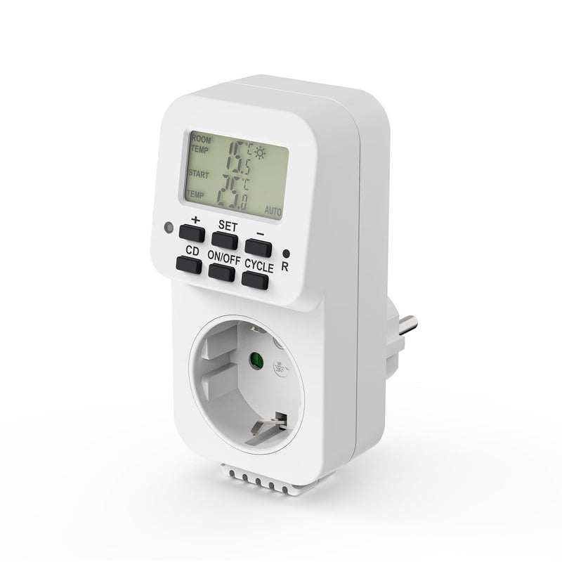 [Australia - AusPower] - conecto Digital Thermostat Socket with Internal Sensor and Time Control for Terrarium, Greenhouse, Smoker, Heating, Temperature Control, Cooling and Frost Monitor, 3600 Watt, White 