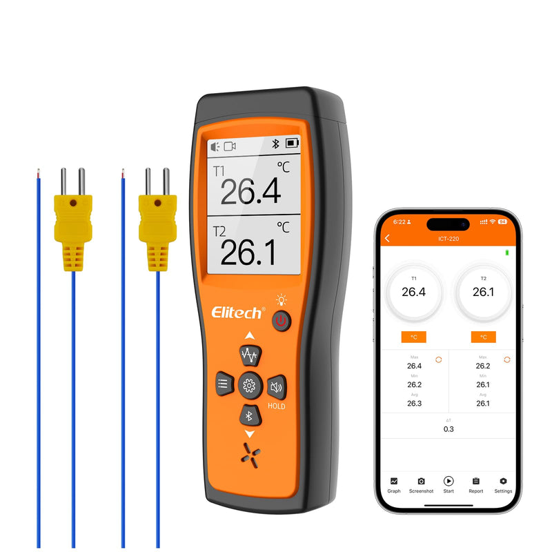 [Australia - AusPower] - ICT-220 Double Thermocouple Thermometer, High Precision K-Type Temperature Sensor with App, Fast Response Time, Suitable for Refrigeration, Vehicle Maintenance and Heat Pump Industry 