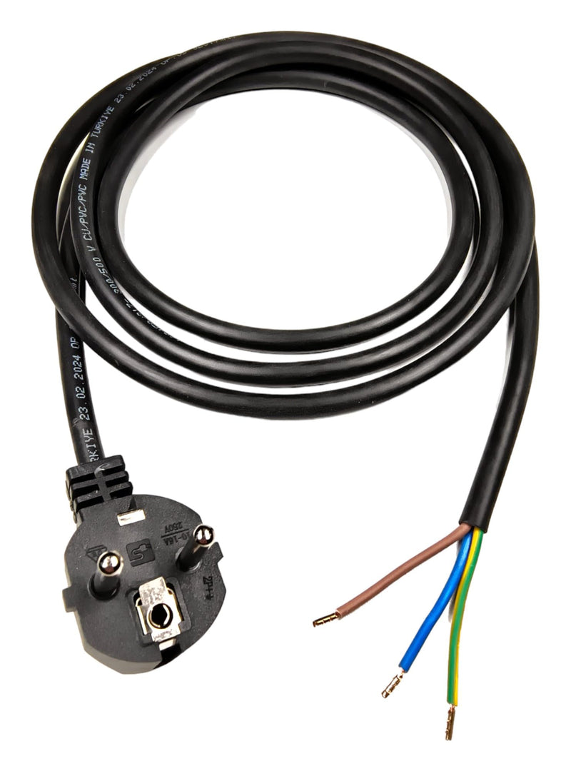 Power Cable with Ferrules, Schuko Plug 230V 16A, 2 Metres, Black | Connection cable, power cable with terminals, earthing contact cable, adapter cable, IP20 2 m