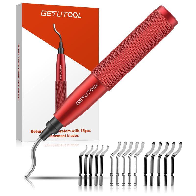 [Australia - AusPower] - GETLITOOL Deburring with 16 Blades, 360° Rotating Blade, Hand Deburrer, Metal Handle with Storage Space, Universal Deburring Tool for 3D Printers, Plastic, Stainless Steel, Aluminium, Metal (Red) 