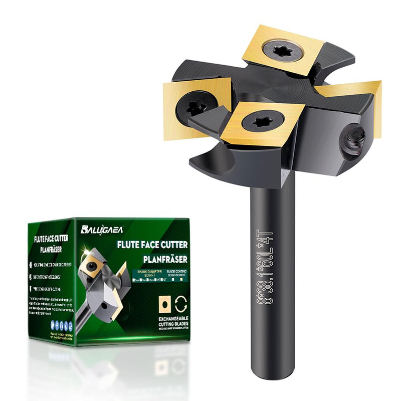 [Australia - AusPower] - BALUGAEA 8mm Shank Face Router Bit - 38.1mm Cutting Diameter - Fitted with 4 Interchangeable TiN Coated Carbide Blades 12x12mm 4Z S=8mm D=38,1mm L=60mm black 
