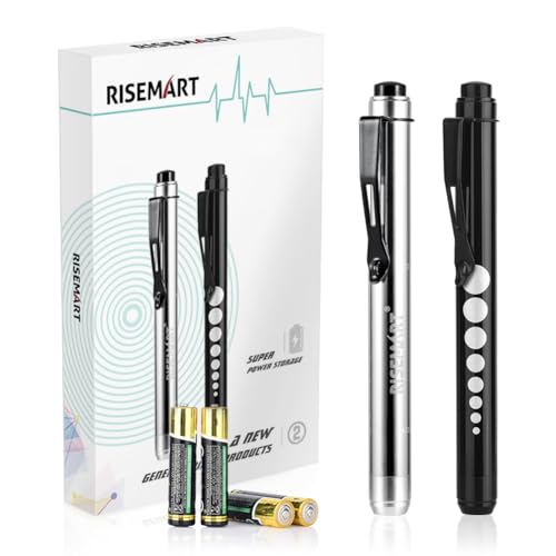 Diagnostic Light Pupil Light, RISEMART Pack of 2 Reusable LED Pen Lamp with Pocket Clip as Nurses Doctors Students Pen Light with 4 Batteries (Black and Silver) Black and silver