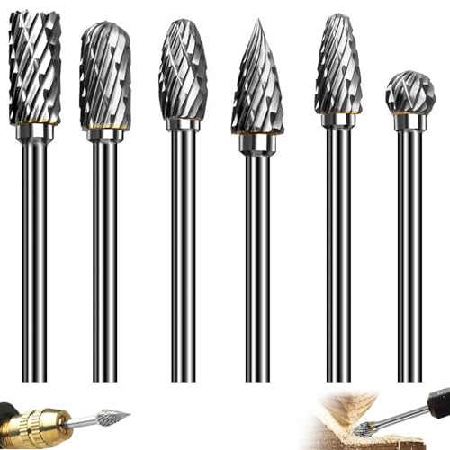 6 Piece Carbide Burr Set, Tungsten Carbide Cutter 6 mm Shank, Carbide Burr with Double Cut, with 1/8 Inch Shank, for Grinding Machine, Carving, Metal Polishing, Engraving, Drilling