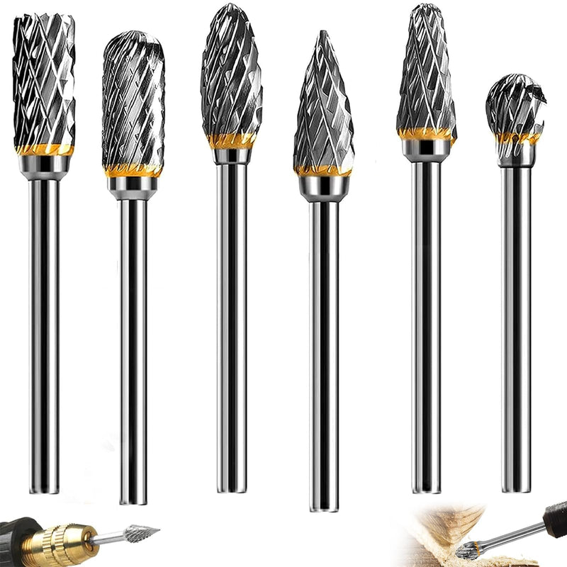 [Australia - AusPower] - 6 Piece Carbide Burr Set, Tungsten Carbide Cutter 6 mm Shank, Carbide Burr with Double Cut for Dremel, with 1/8 Inch Shank, for Grinder, Carving, Metal Polishing, Engraving, Drilling 