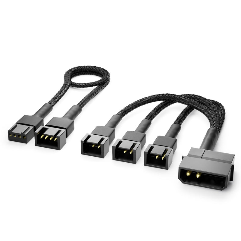 deleyCON 15 cm Molex 12V Fan Y Cable Set 3-Pin PWM 4-Pin - Black | Short 15 cm, 2-pin Molex distributor cable to 3x 3-pin plug, 30 cm PWM extension, 3 case fans to one power supply Molex 2-pin 12 V