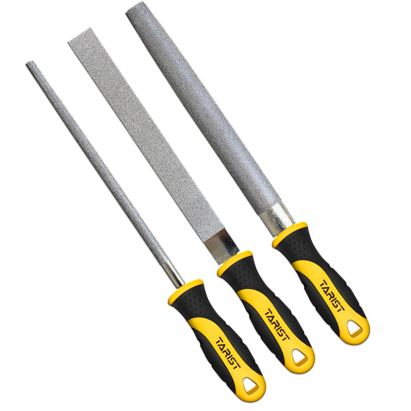 [Australia - AusPower] - TARIST Diamond File Set 3-Piece 200 mm Including Flat/Half Round/Round Files For Sharpening Lawnmower Blades, Garden Shears, Axes - Tool Sharpener for Metal, Tile, Ceramic, Glass, Stone and More 