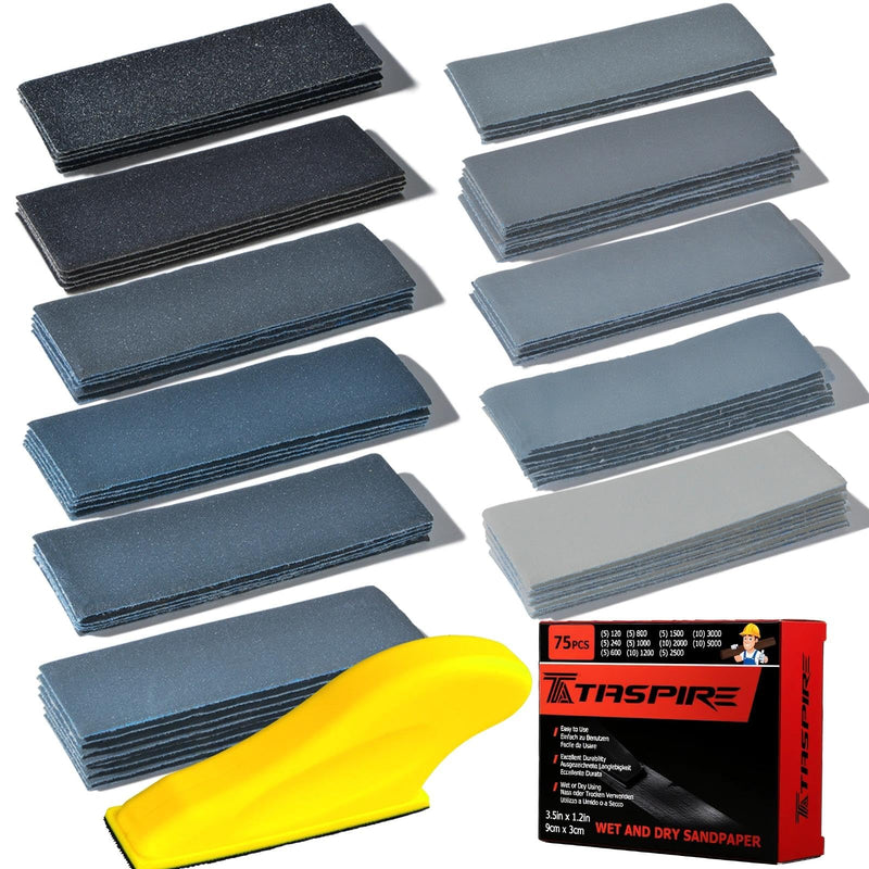 [Australia - AusPower] - Taspire Wet Sandpaper Set, Sandpaper Set 9 x 3 cm, Grit 120 to 5000, Sandpaper Fine (Pack of 75) 