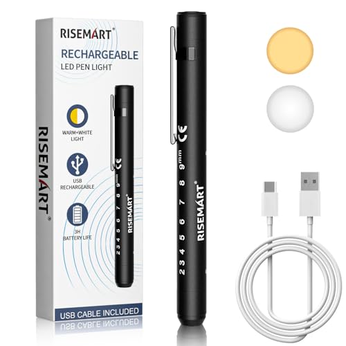 RISEMART Pupil Light Diagnostic Light with Pupil Meter and Ruler, Warm/Cool White, Rechargeable USB LED Pen Lamp for Nurses, Students, Doctors (Black) black