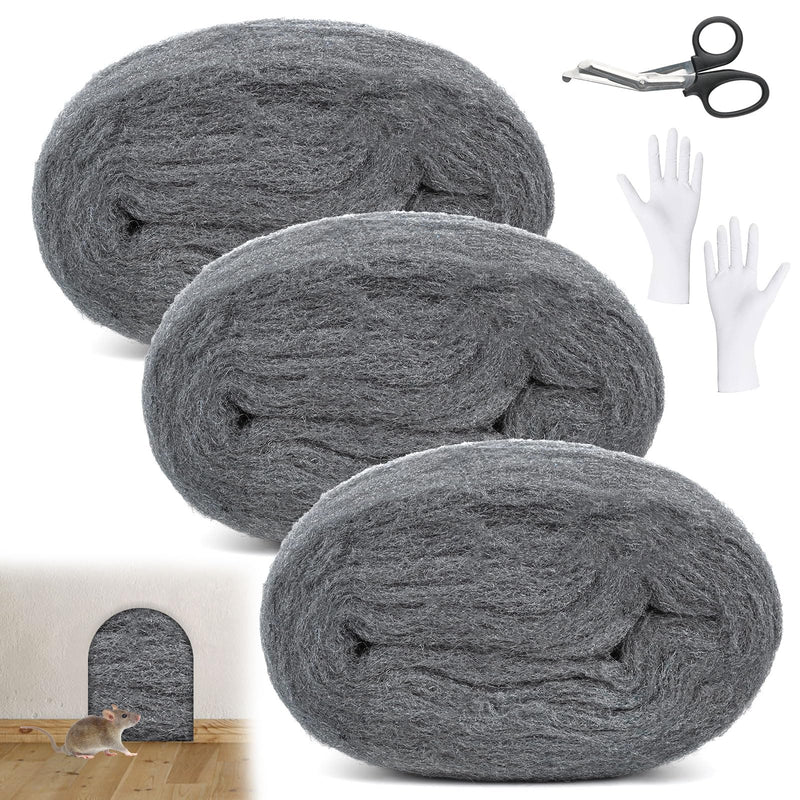 [Australia - AusPower] - Steel Wool, 3 Rolls Against Mice, 10.5 m 000 Fine with Work Gloves and Scissors, for Holes and Wall Cracks of Home, Garage, Garden, Cleaning and Polishing 