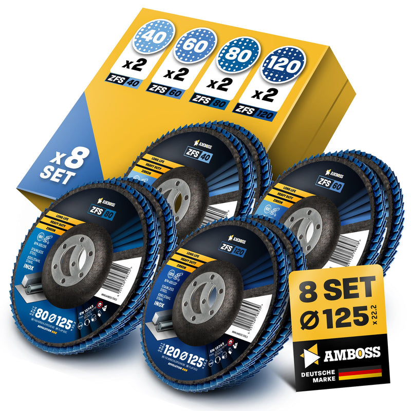 [Australia - AusPower] - Amboss Werkzeuge ZFS Serrated Disc Set Diameter 125 mm K41-120 (2 Pieces) for Steel/Stainless Steel Polishing Deruster, Fillet Seam Grinding, Blue Angle Grinder, Professional Zircon Grinding Mop Diameter: 125 mm ZFS sanding discs set of 8. 