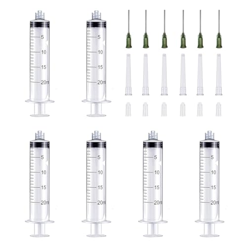 Set of 6 Feeding Syringes, 20 ml, Reusable, 14G Blunt Needle | Clear scale for precise dosing, made of plastic, individually packaged, for liquids in laboratory and animal care
