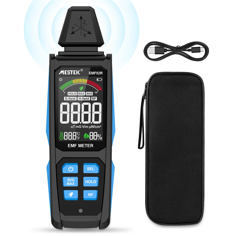 EMF Meter MESTEK 5-in-1 EF/MF/Radio Frequency EMF Meter, Electromagnetic Fields High Frequency Field Radiation Meter with Digital LCD Rechargeable for Home, Office and Outdoor Use black and blue