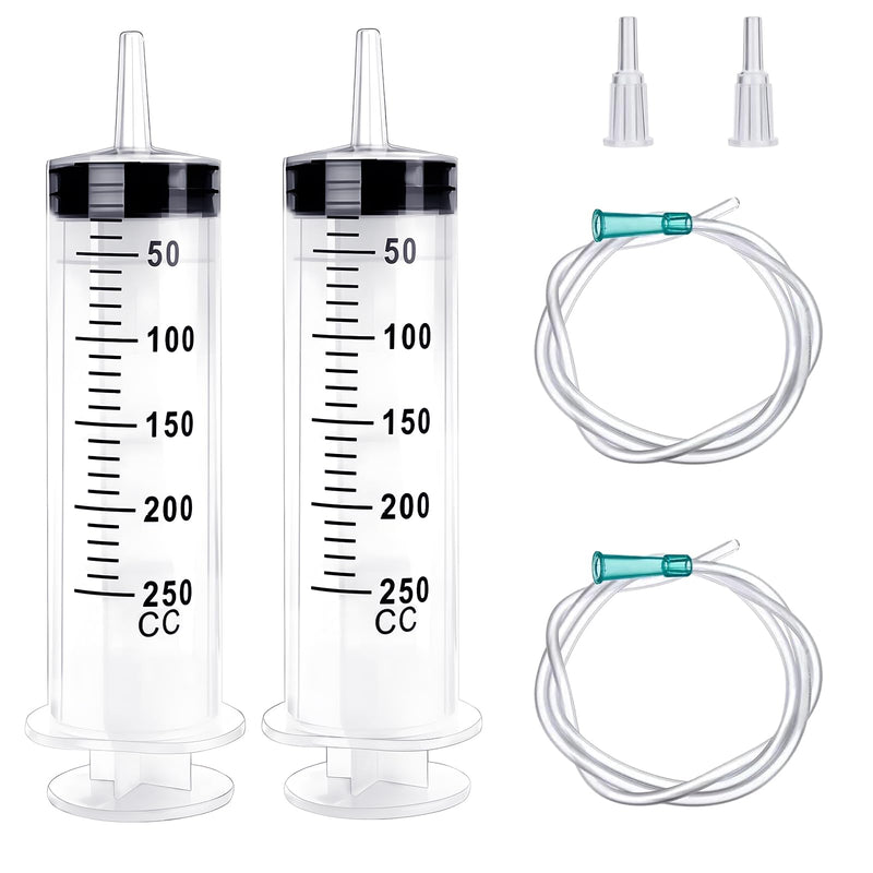 [Australia - AusPower] - Pack of 2 Large Syringe 250 ml 350 ml 550 ml, Plastic Syringe with Hose, Liquid Measuring Syrings, Dosing Syringe for Industry, Individually Sealed Syringe, Plastic Syringe for Laboratory (250 ml) 250ml 