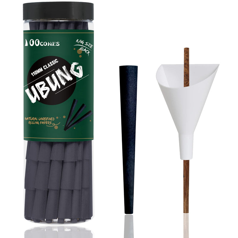 [Australia - AusPower] - UBUNG Pack of 100 Large Size Black Conical Pre-Twisted Sleeves, King Size 108 mm Tapered Paper Sleeves, Includes 1 Funnel Loader and 1 Putter for Packaging 100 Black Cones 