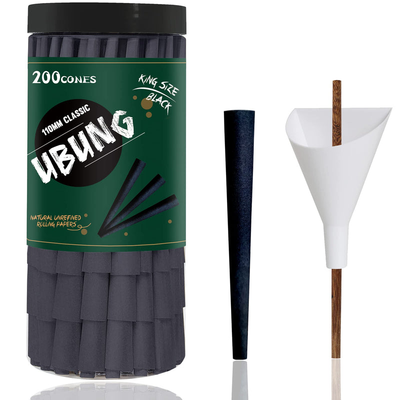 UBUNG Pack of 200 Large Size Black Conical Pre-Twisted Sleeves, King Size 108 mm Tapered Paper Sleeves, Includes 1 Funnel Loader and 1 Putter for Packaging 200 Black Cones