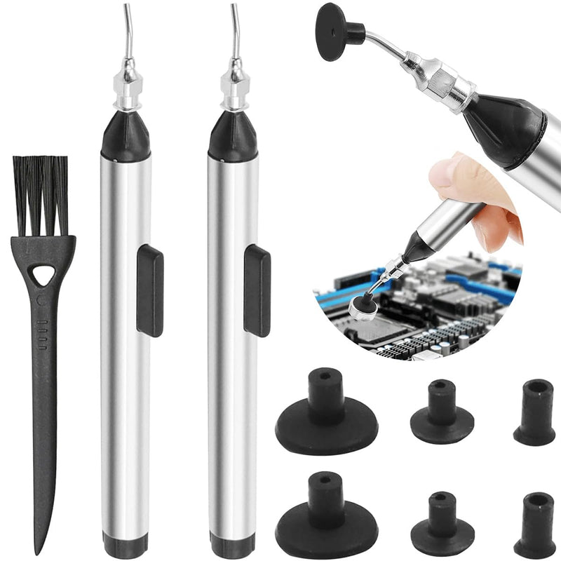 Pack of 2 IC Puller Vacuum Suction Pen Manual Vacuum Suction IC Pick Up Tool Chip Remover Tool Circuit Board Chip Puller with Suction Tips Suction Cups Brush for QFP TSOP TSSOP Chip Removal Vacuum suction cup 2