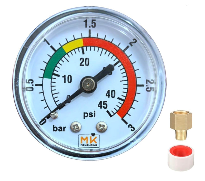 [Australia - AusPower] - Sand Filter Pressure Gauge 0-3 Bar / 45 PSI 1/4 Inch NPT Connector Rear Brass for Pool Sand Filter Supplied with Teflon and 1/8 Inch Adapter 1/4 NPT 