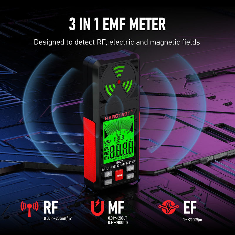 [Australia - AusPower] - YOJOCK EMF Meter 3-in-1 Radiation Meter and Radiation Detector with Data Hold and Maximum Value Memory, Measures EMF, RF, MF, WiFi and Electrosmog, for Home and Outdoor, Red 