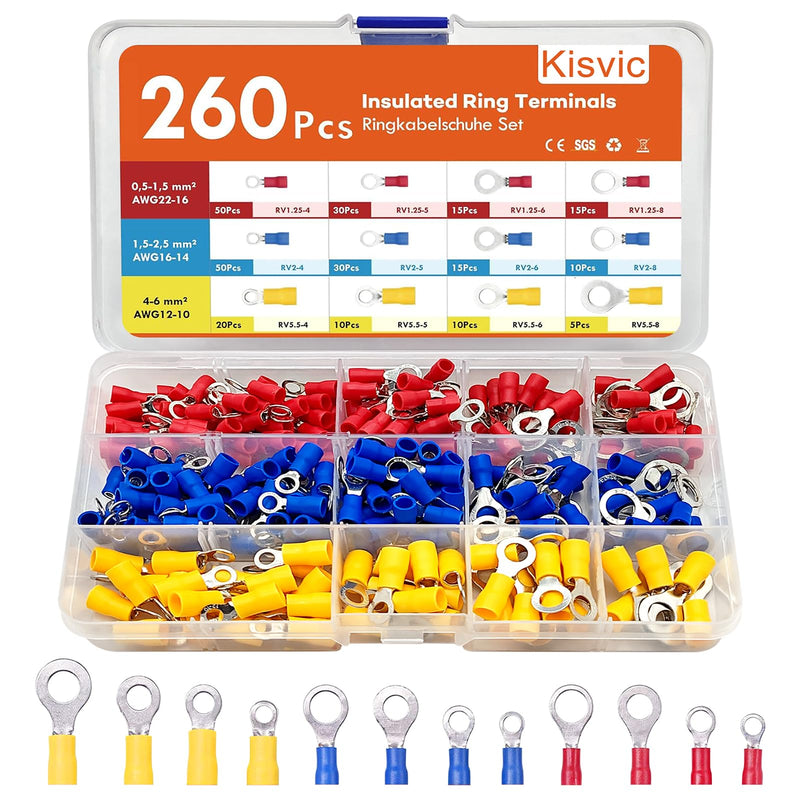 Ring Cable Lugs, 260 Pieces Ring Eyelets Cable Lugs Set, 0.5-6 mm² Diameter M4/M5/M6/M8 Cable Connectors Made of Copper Tin-Plated Crimp Connector Assortment