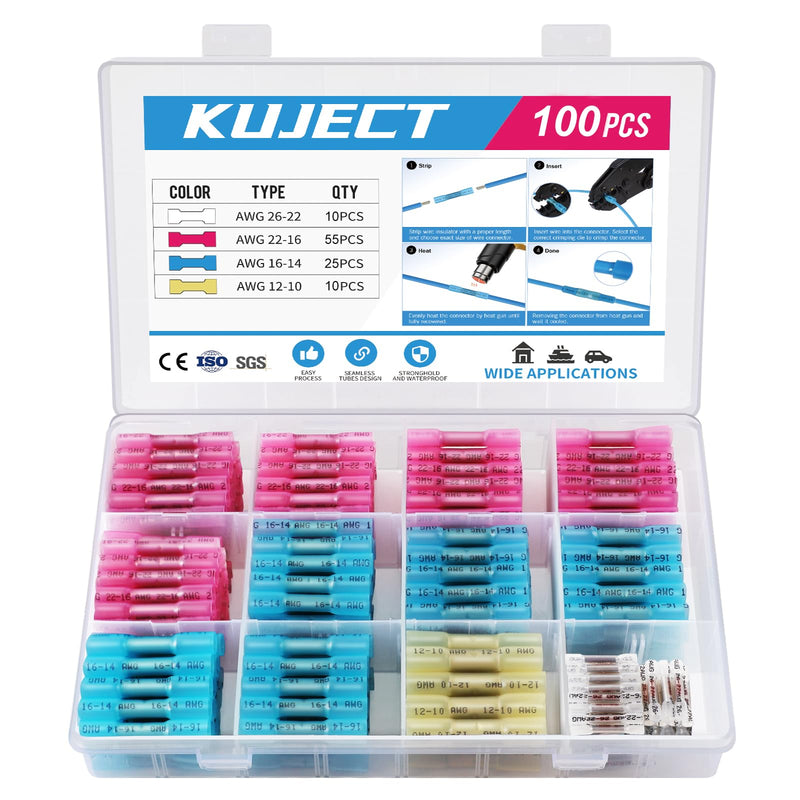 Kuject Crimp Connector Set of 100 Cable Connectors Butt Connector Waterproof Shrink Connector 10-26 AWG Butt Connector 1 Multicolored-100 pcs