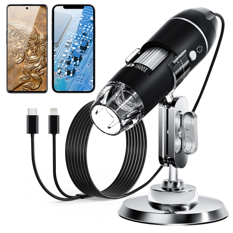 [Australia - AusPower] - USB Digital Microscope, SKYBASIC Handheld HD Inspection Camera with 50x to 1600x Magnification and Adjustable Stand, 8 LED Lights, Compatible with iOS and Android Devices Black 