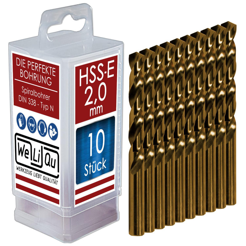 WELIQU HSS-E Cobalt Twist Drill Bit Diameter 2.0 mm Ground Self-Centering Precision Drill Bits for Metalworking Pack of 10 Ø 2,0 mm