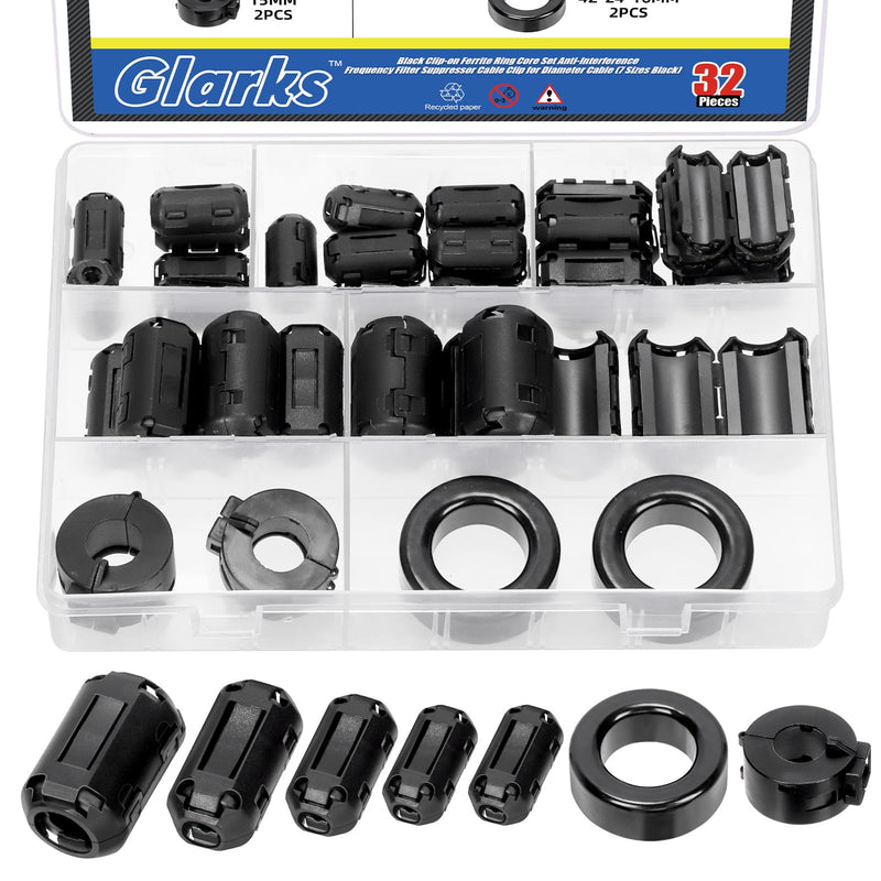 Glarks 32pcs Black Clip-on Ferrite Ring Core Set Includes 3.5/5/7/9/13 mm Inner Diameter Cable Clips RFI EMI Noise Canceling Cable Clips 42 x 24 x 16 mm Toroid Cores 15 mm Ferrite Cores
