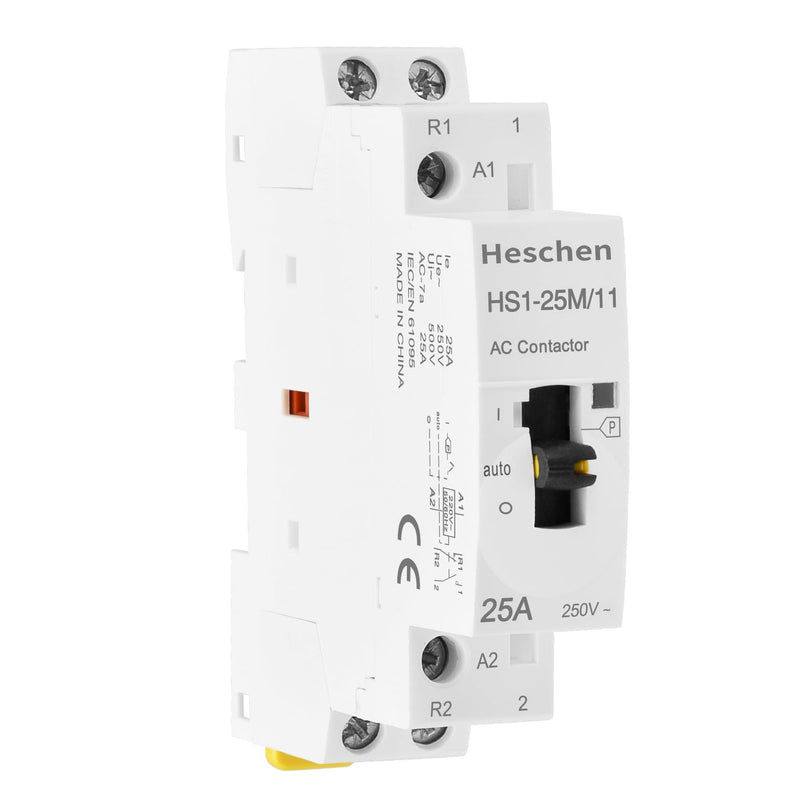 Heschen Modular Household AC Contactor, HS1-25M/11, 25A, 2 Poles, 1NO 1NC, 220VAC Coils, 35mm DIN Rail Mounting, with Manual Control Switch