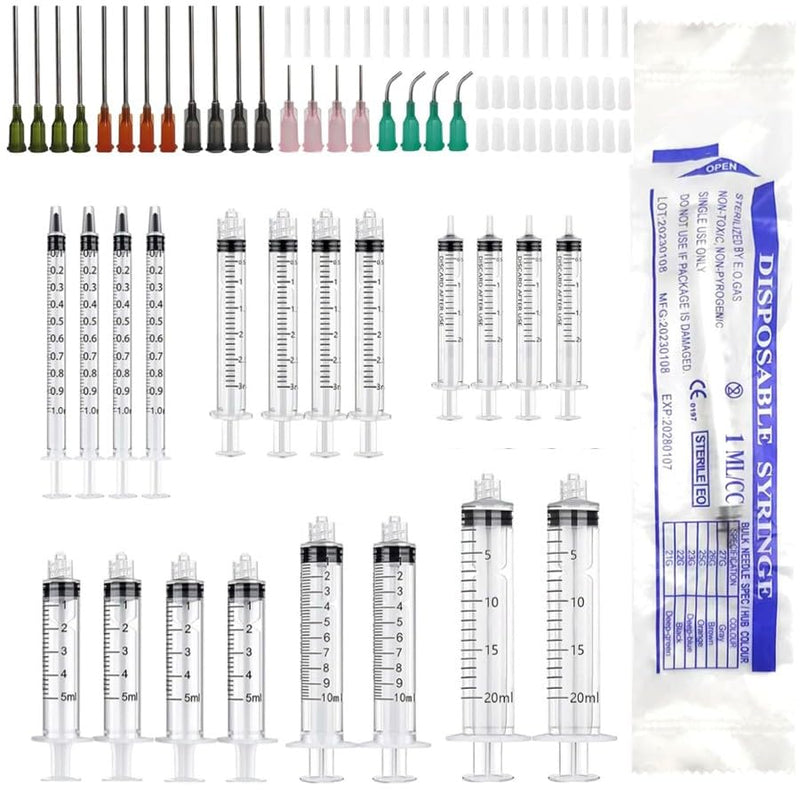 Syringes with Needle, 1 ml, 2 ml, 3 ml, 5 ml, 10 ml, 20 ml Syringes with Cannula, Pack of 20 | Blunt Needles and Caps for DIY Craft Refill Adhesive, Measuring Liquids, Glue Applicator, Oil