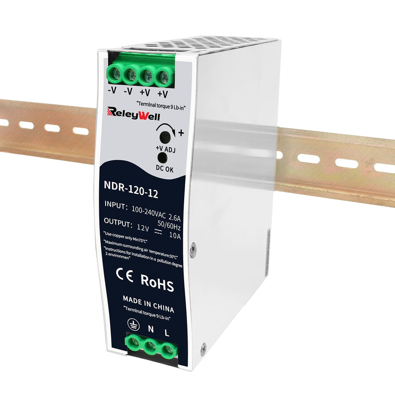 [Australia - AusPower] - ReleyWell, NDR-120-12 DIN Rail Power Supply 12 V, 120 W, 10 A; Transformer 230 V to 12 V LED, DIN Rail, 12 Volt Power Supply, Bell Transformer 120Watt 