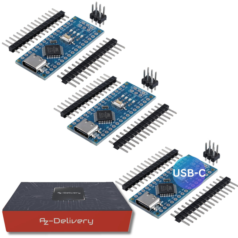 [Australia - AusPower] - AZDelivery 3 x AZ-Nano V3 Board Set with USB-C Connector | Atmega CH340 Chip Atmega328 CH340 | Compatible with Arduino, Arduino Pro Micro and Arduino Nano V3 | Includes E-Book 3x 