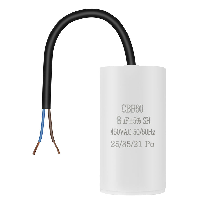 OFFCUP Motor Capacitor CBB60 Starting Capacitor 8μF 450V Capacitor 8μF | 450V CBB60 Capacitors with Wire Cable for Electric Motors and Swimming Pool Pumps Electric Motor, 50/60Hz 8μF (Schraubanschluss)