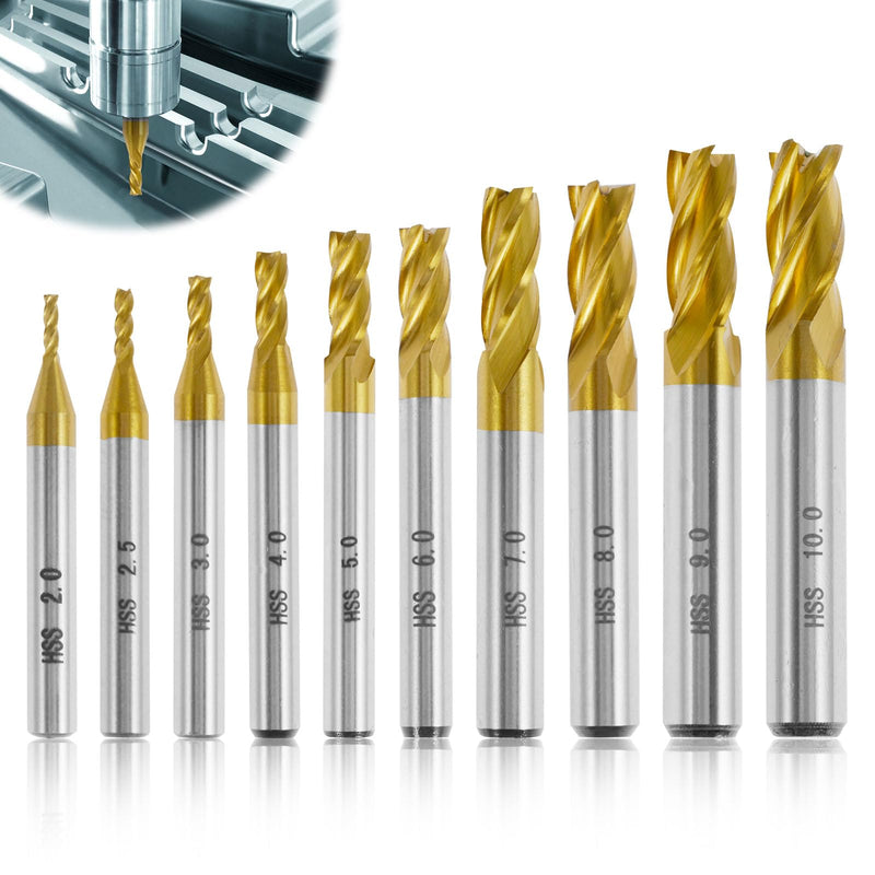 [Australia - AusPower] - 10 Pieces HSS Carbide End Mill Set 4 Flutes Titanium Solid Carbide End Mill Set 2-10 mm Solid Carbide Milling Cutter CNC Milling Cutter for Plastic Metal Stainless Steel Carbon Steel Aluminium Wood 
