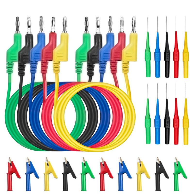 [Australia - AusPower] - Riisoyu Pack of 5 1 m Multimeter Test Leads, 4 mm, 5 Colours, Insulated Banana Plugs, 10 Pieces, Crocodile Clips and Test Probes, Multimeter Measuring Cable, Cable for Current Meters, Multimeters, 