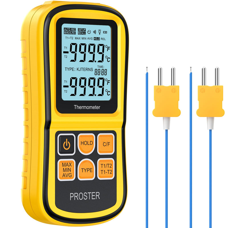[Australia - AusPower] - Proster Digital Thermometer with 2 Dual Channel K-Type Thermocouples Sensor Probe LCD Backlight Temperature Meter Temperature Meter for Thermocouple Types K/J/T/E/R/S/N - Yellow 