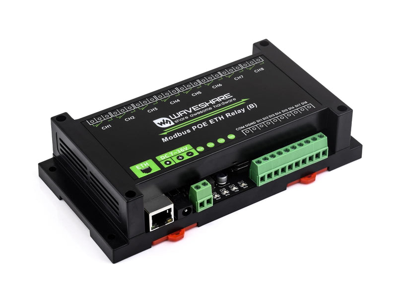 Waveshare 8-Ch Ethernet Relay Module (B) with Digital Input, Modbus RTU/Modbus Protocol, PoE Port Communication, with Various Isolation and Protection Circuits, Industrial Grade Rail-Mount Case