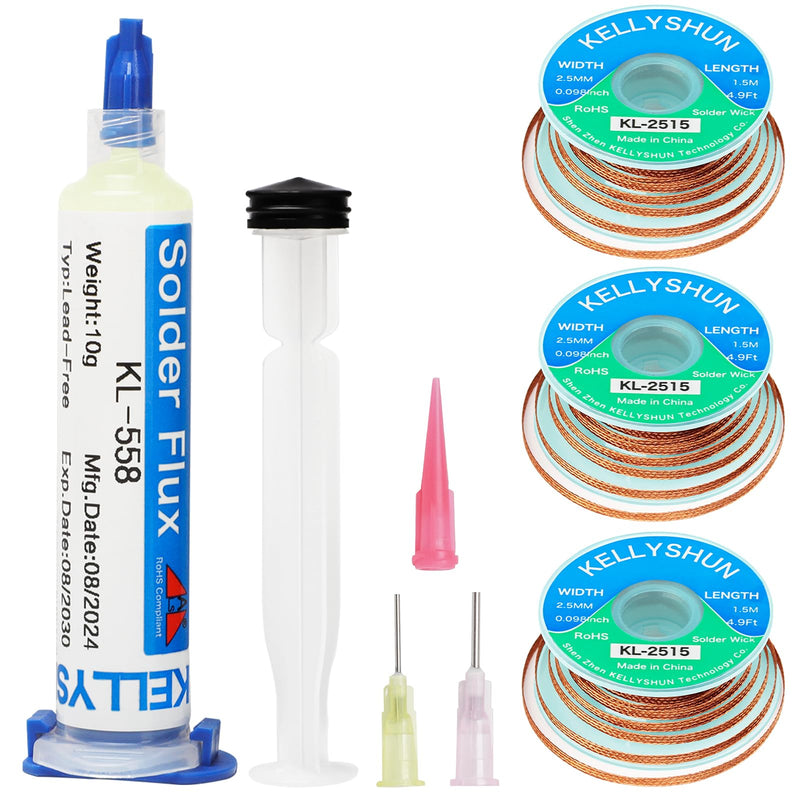 KL-558 Flux Soldering, 10 ml No-Clean Lead-Free Rosin Flux (1 Piece) 2.5 mm / 1.5 m Desoldering Braid (Pack of 3) Suitable for Mobile Phone Soldering, BGA, Household Appliance Repairs Flux (1 piece) desoldering braid (3 pieces)