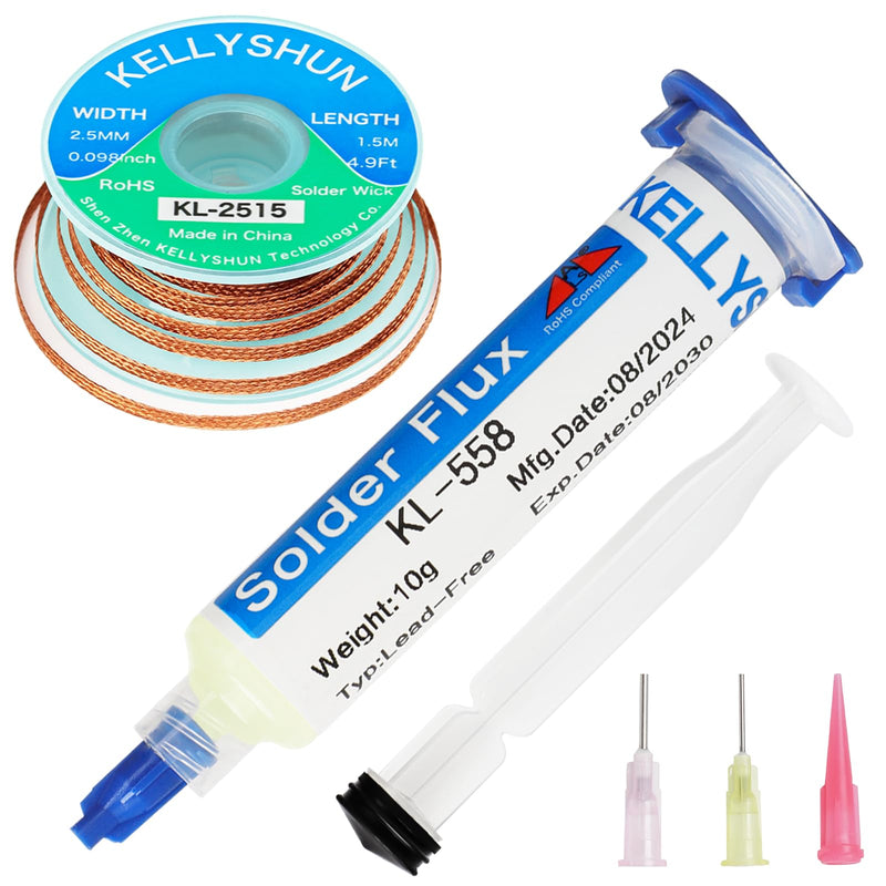 [Australia - AusPower] - KELLYSHUN KL-558 Flux Soldering, 10 ml No-Clean Lead-Free Rosin Flux (1 Piece) 2.5 mm / 1.5 m Desoldering Braid (1 Piece), Suitable for Mobile Phone Soldering, BGA, Household Appliance Repairs 