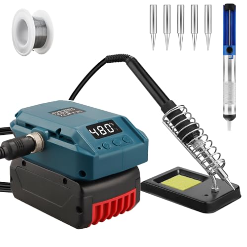 Cordless Soldering Iron Set for Bosch Professional 18 V System GBA Battery, 60 W LCD Adjustable Temperature 180-480 °C, with On/Off Switch, Suction Rod, 50 g Soldering Wire, Soldering Iron Stand for Electrical Work For Bosch GBA