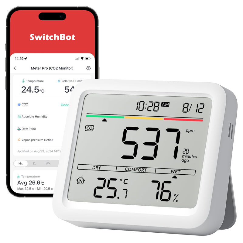 [Australia - AusPower] - SwitchBot CO2 Detector, CO2 Meter with Thermometer Hygrometer Indoor, Air Quality Meter with CO2 Alarm, Bluetooth CO2 Sensor with App, 2 Year Data Storage, Hub Required 