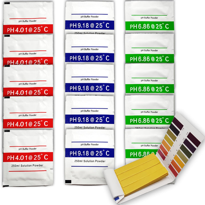 15 x Calibration Powder + PH Strip, pH Meter 4.00, 6.86, 9.18, Calibration for Accurate Results, 5 Sets of 3 Solutions