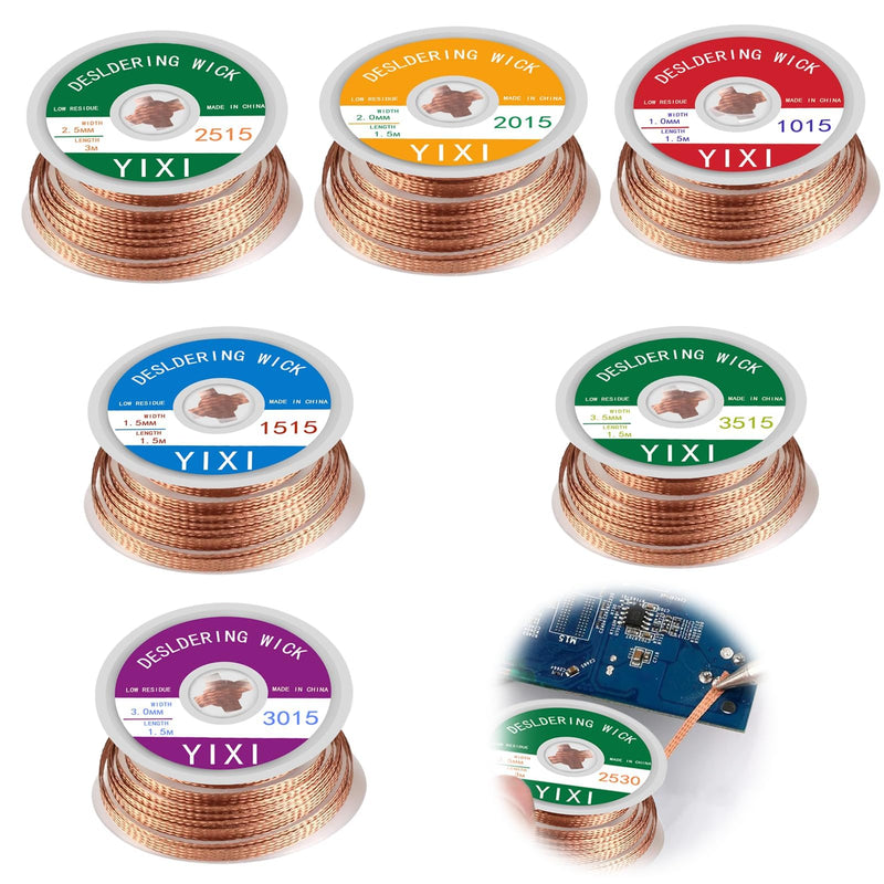 Solder Wick Desoldering Braid 1.5 m Copper Wire 1.0-3.5 mm Pack of 6 | Desoldering wire set with 6 sizes (1.0, 1.5, 2.0, 2.5, 3.0, 3.5 mm) for desoldering solder joints - efficient, clean